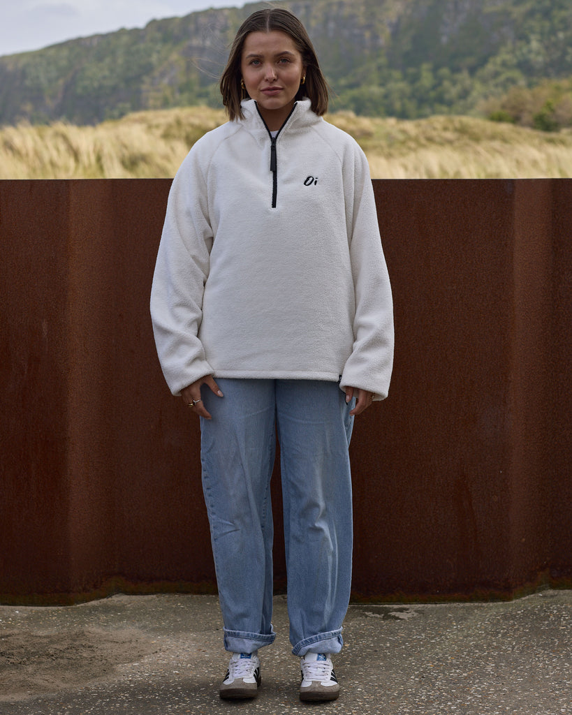 Unisex cream fleece with quarter zip 