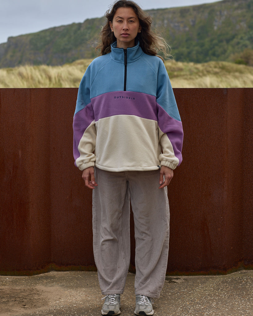 Unisex Aqua Purple Band Fleece with panelled design, toggle fastening, and cosy pockets