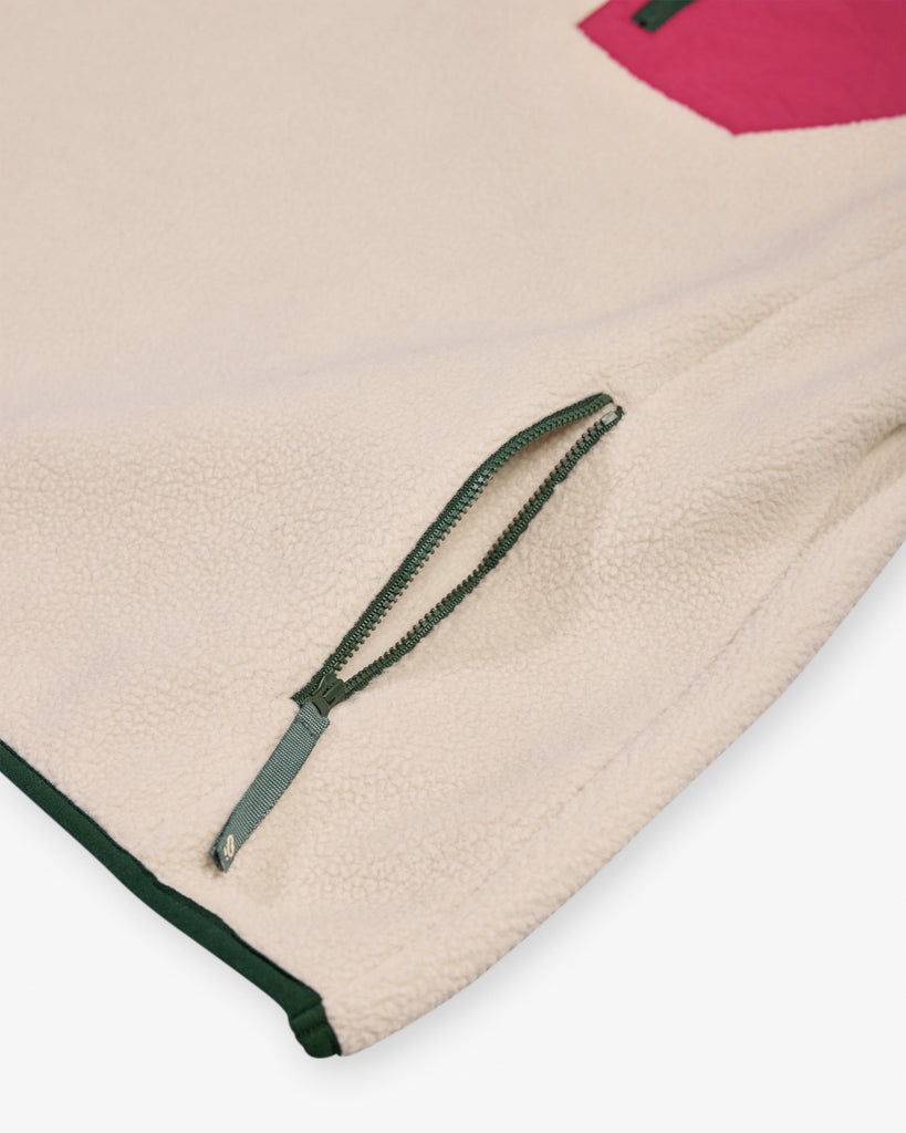 Oatmeal and Sage borg fleece with 1/4 zip, nylon contrast, and side pockets