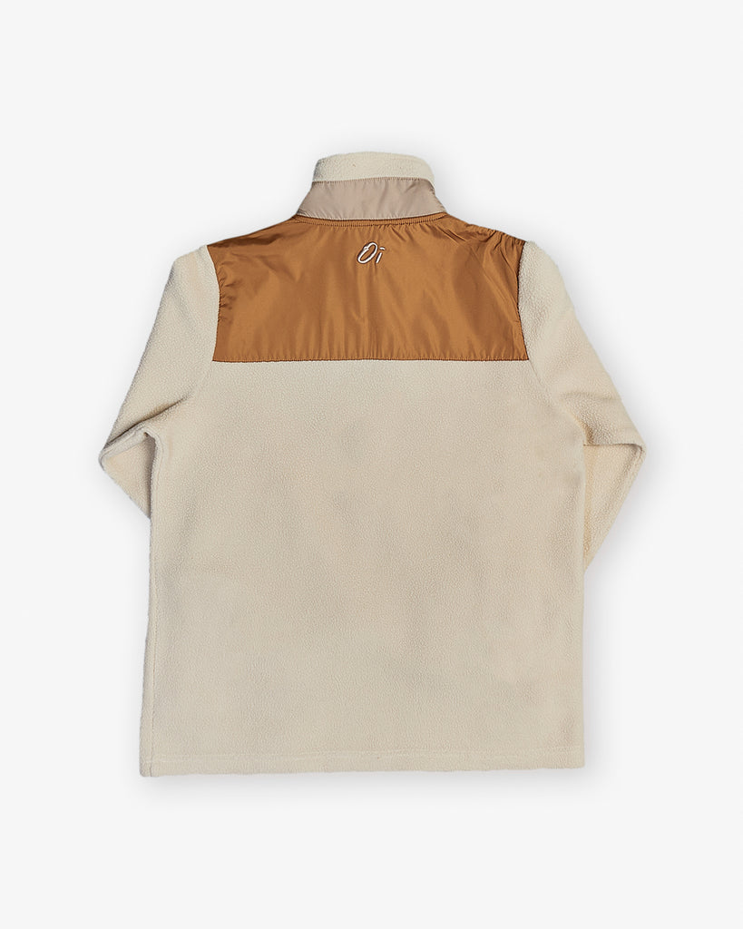 Oatmilk & Walnut borg fleece with 1/4 zip, nylon contrast, and side pockets