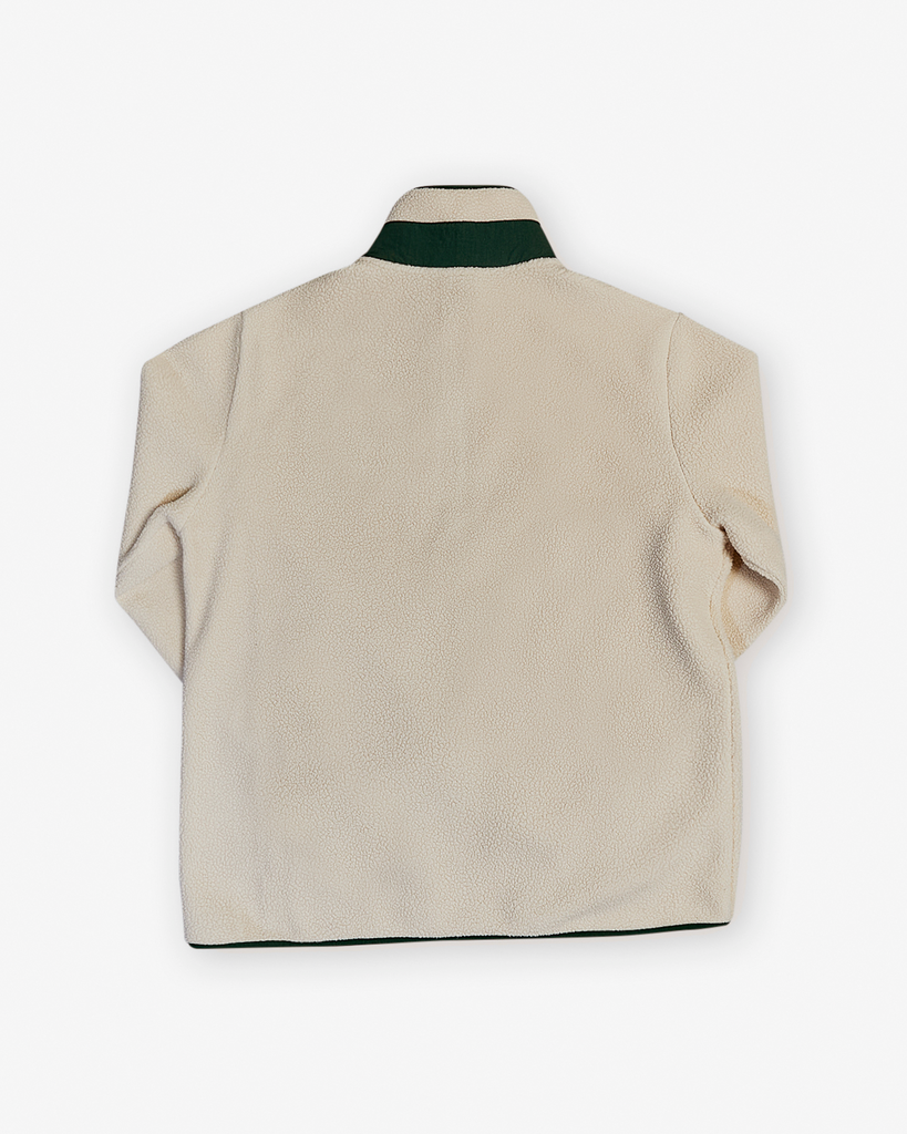 Oatmeal and Sage borg fleece with 1/4 zip, nylon contrast, and side pockets