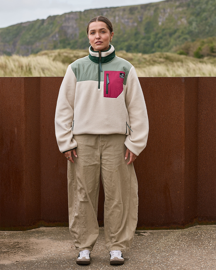 Oatmeal and Sage borg fleece with 1/4 zip, nylon contrast, and side pockets