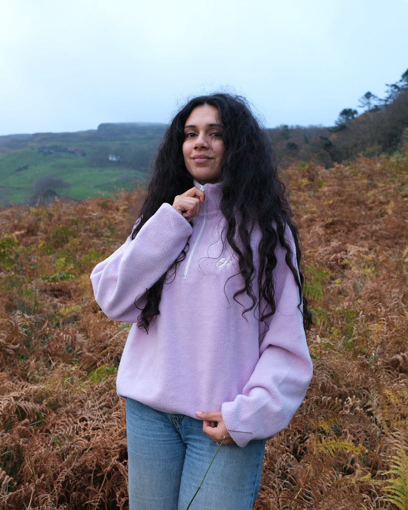 Orchid purple fleece jacket, minimalist essential fleece, unisex casual outerwear.