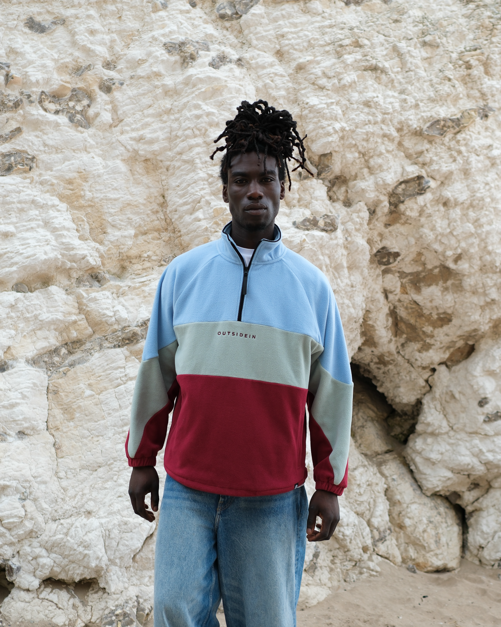 Blue Sage Band Fleece with panelled design lifestyle shot