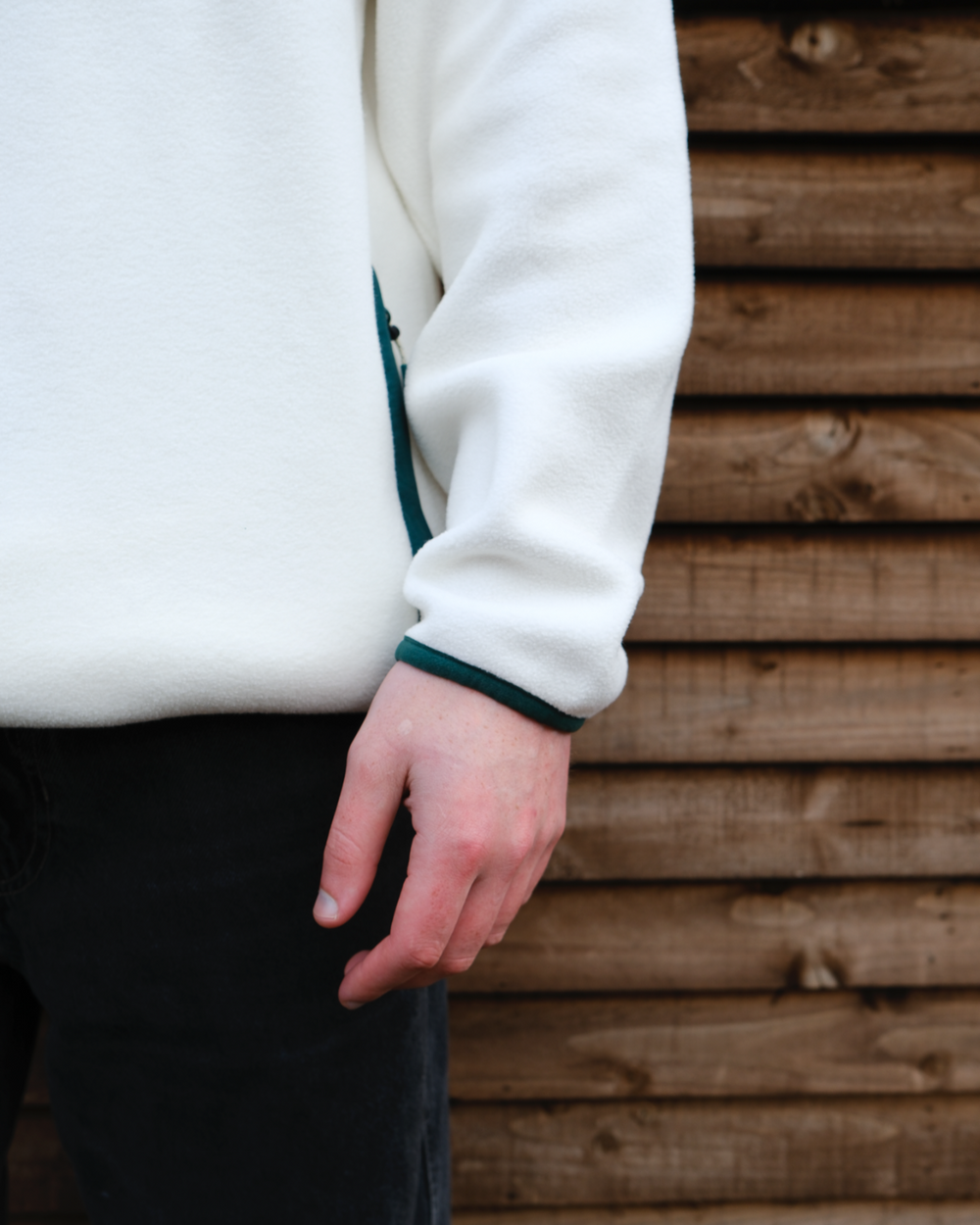 OutsideIn cream and pine green unisex fleece, sleeve