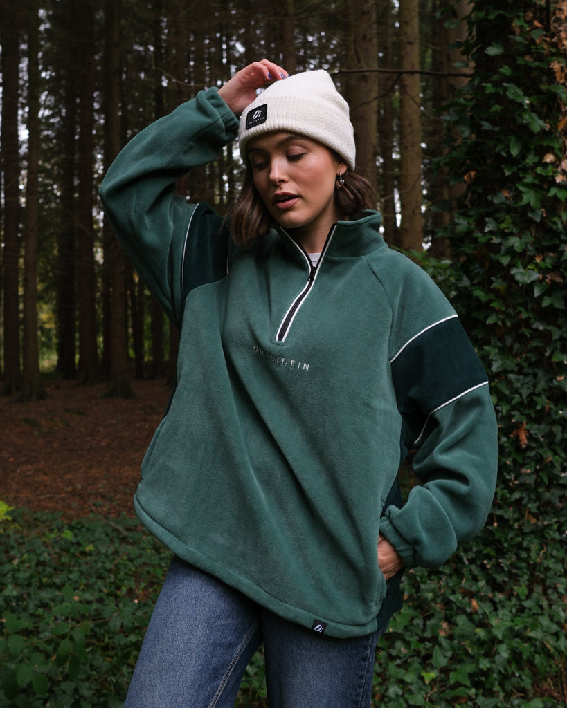 Pine Canyon green fleece jacket, quarter zip outdoor fleece with adjustable toggles, unisex adventure outerwear.