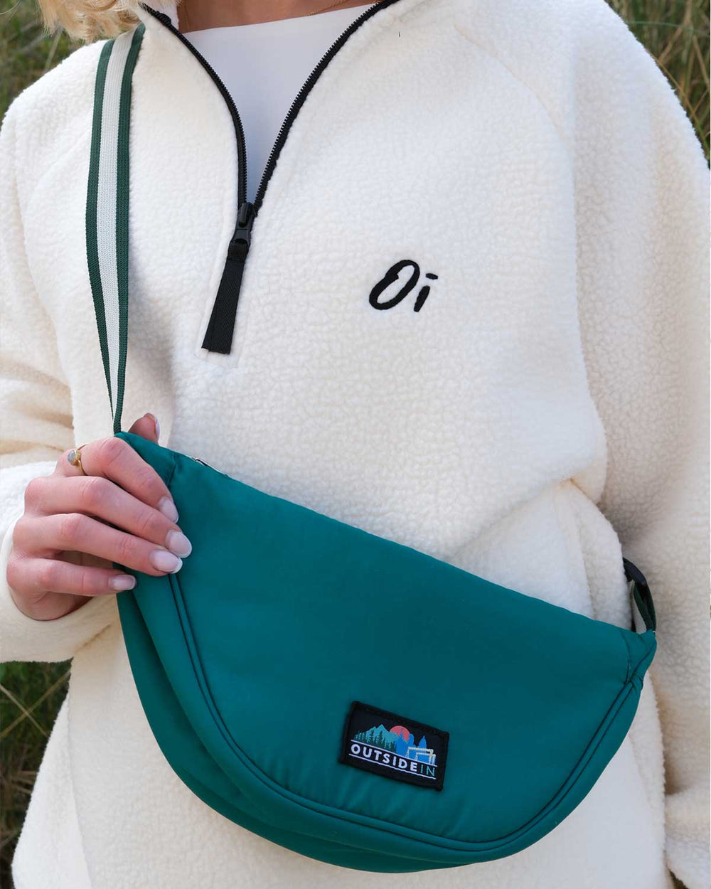 Close up of OutsideIn Pine Wanderer Cross Body Bag