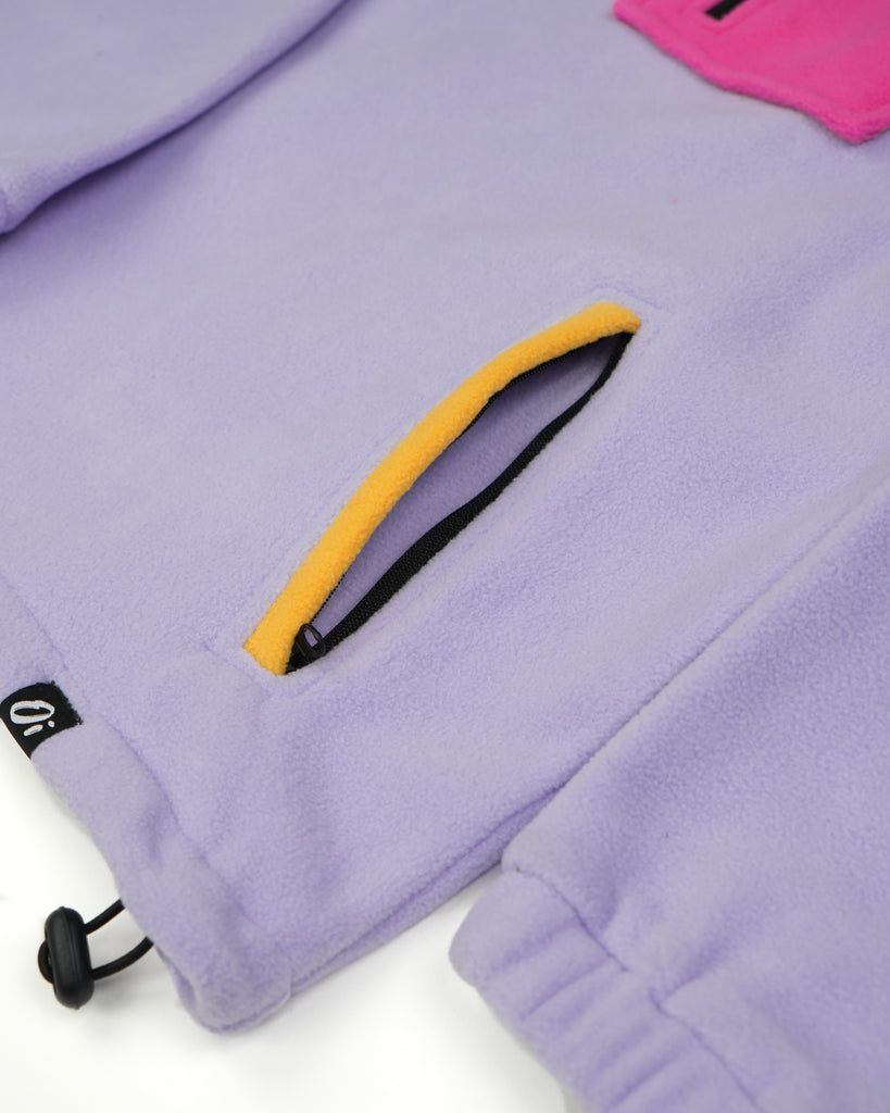 Unisex pink purple fleece with quarter zip, front pocket and toggle detail