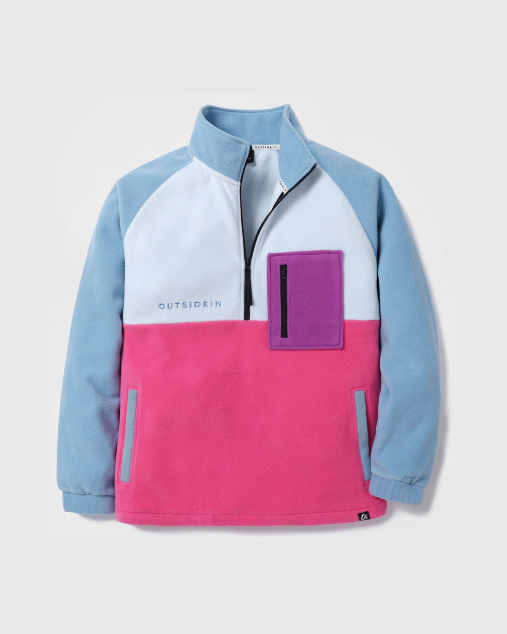 A colour-blocked quarter-zip pullover jacket by Outsidein, featuring a light blue collar and sleeves, a light blue upper chest, a bright pink lower body, and a purple pocket on the chest.