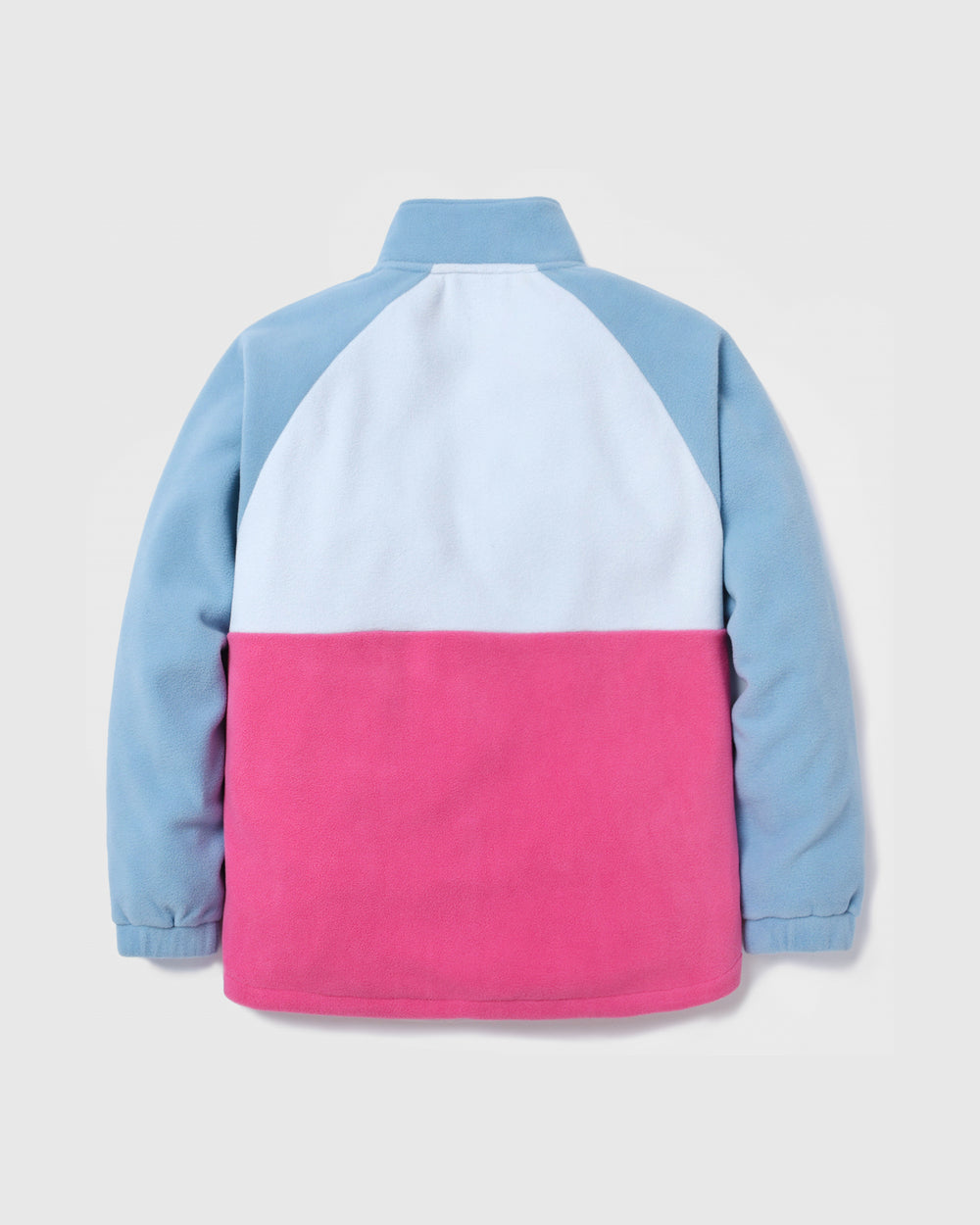 A colour-block fleece pullover shown from the back, featuring a blue collar and sleeves, a light blue upper back panel, and a bright pink lower back panel, set against a light grey background.