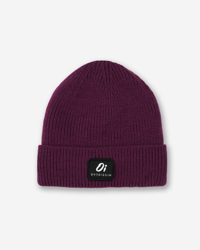 Plum thermal beanie hat, cosy knitted winter cap, unisex warm accessory.