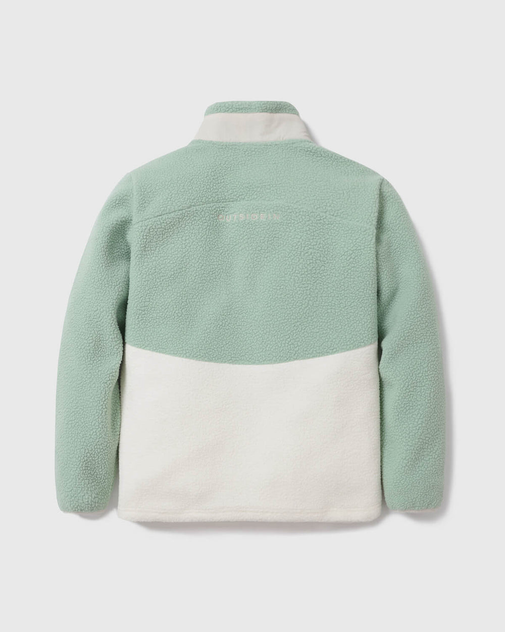 Sage Blossom button-up borg fleece, sage green and cream colorblocked back