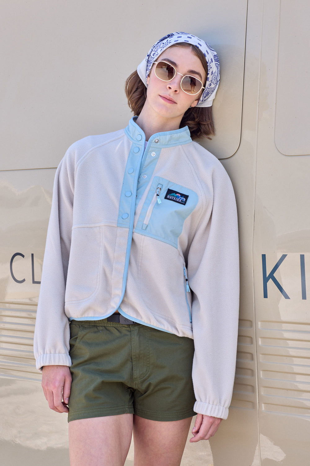 Lifestyle image of model wearing OutsideIn Salt Air Liner Fleece