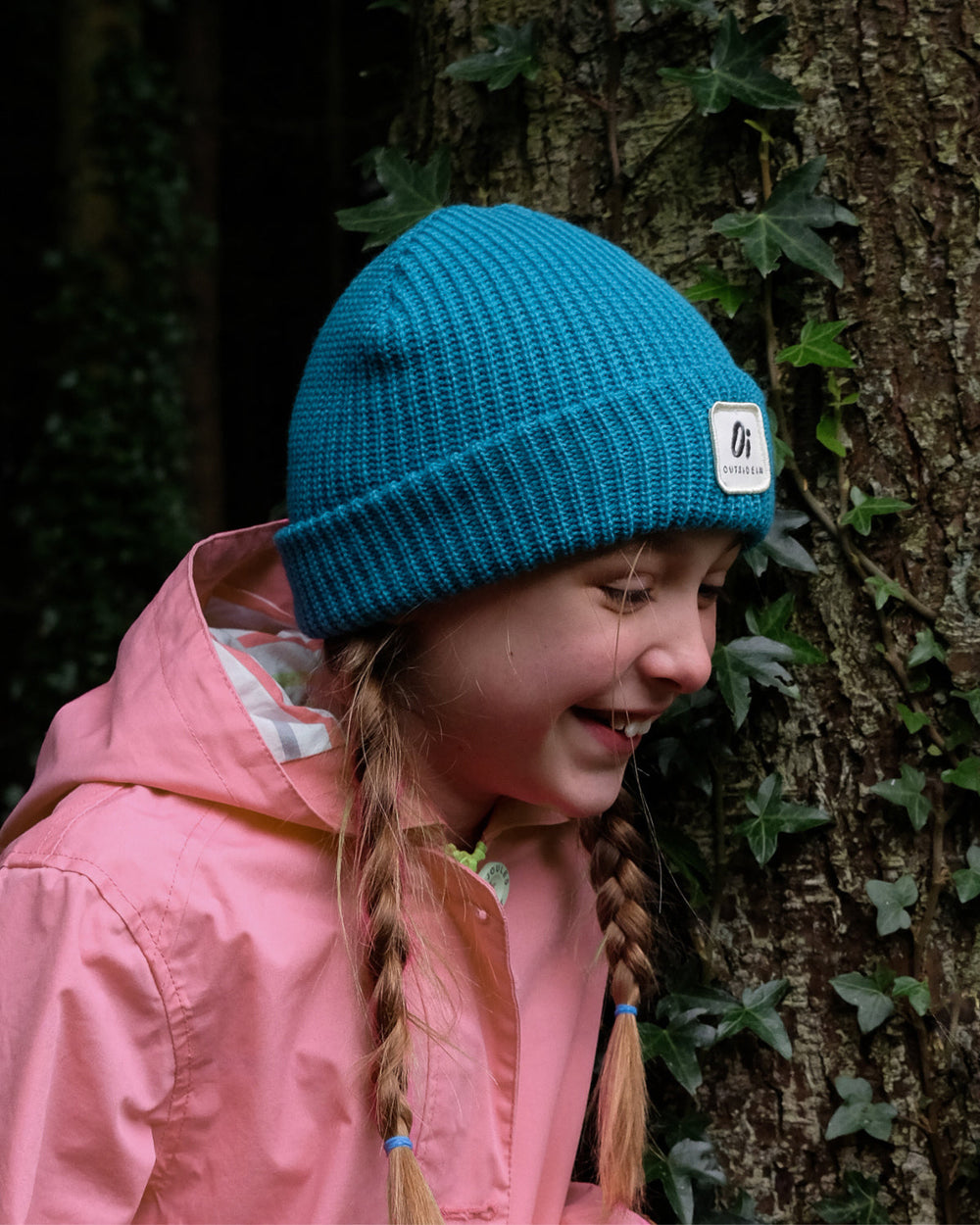 OutsideIn Teal kids beanie, warm winter hat for children, cosy and comfortable.