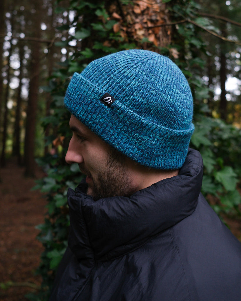 Teal and mint beanie hat, thick knit winter accessory, cosy and warm.