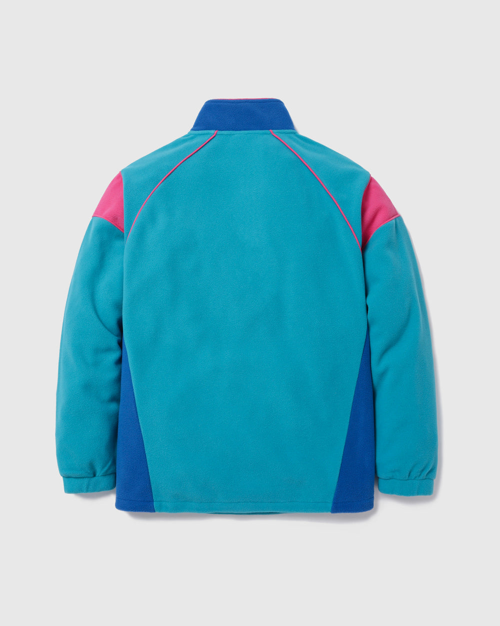A teal fleece jacket with royal blue panels on the sides, collar, and cuffs, and bright pink colour-blocked sections on the upper shoulders, shown from the back on a light grey background.