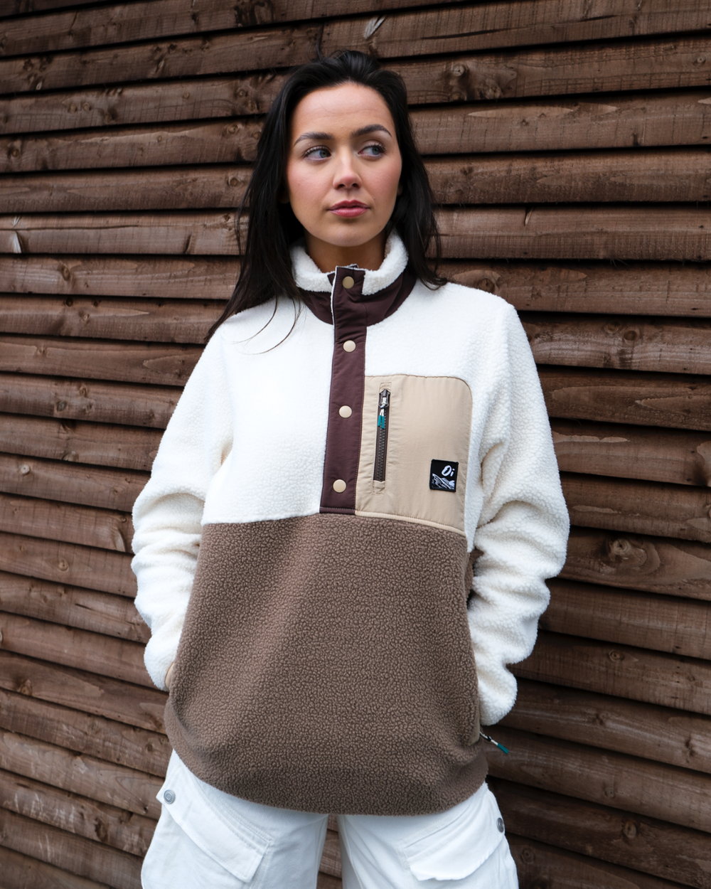 Model wearing Chestnut Button Up Brown Borg Fleece