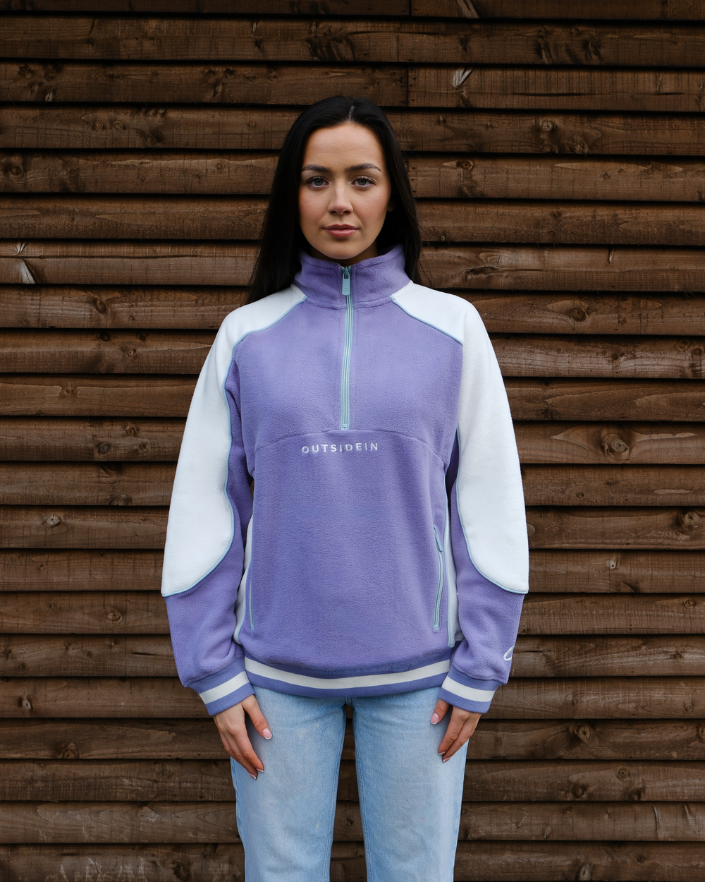 Model wearing OutsideIn Lavender Sports Fleece