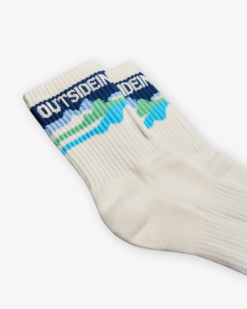 A pair of Cloud dancer socks in multi blue, soft fabric, cushioned snug fit