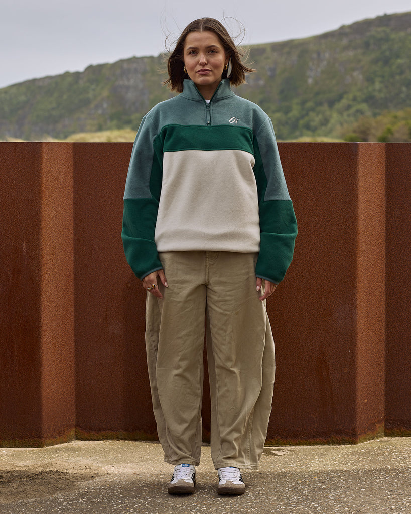 Oatmeal and Pine colour block microfleece with 1/4 zip