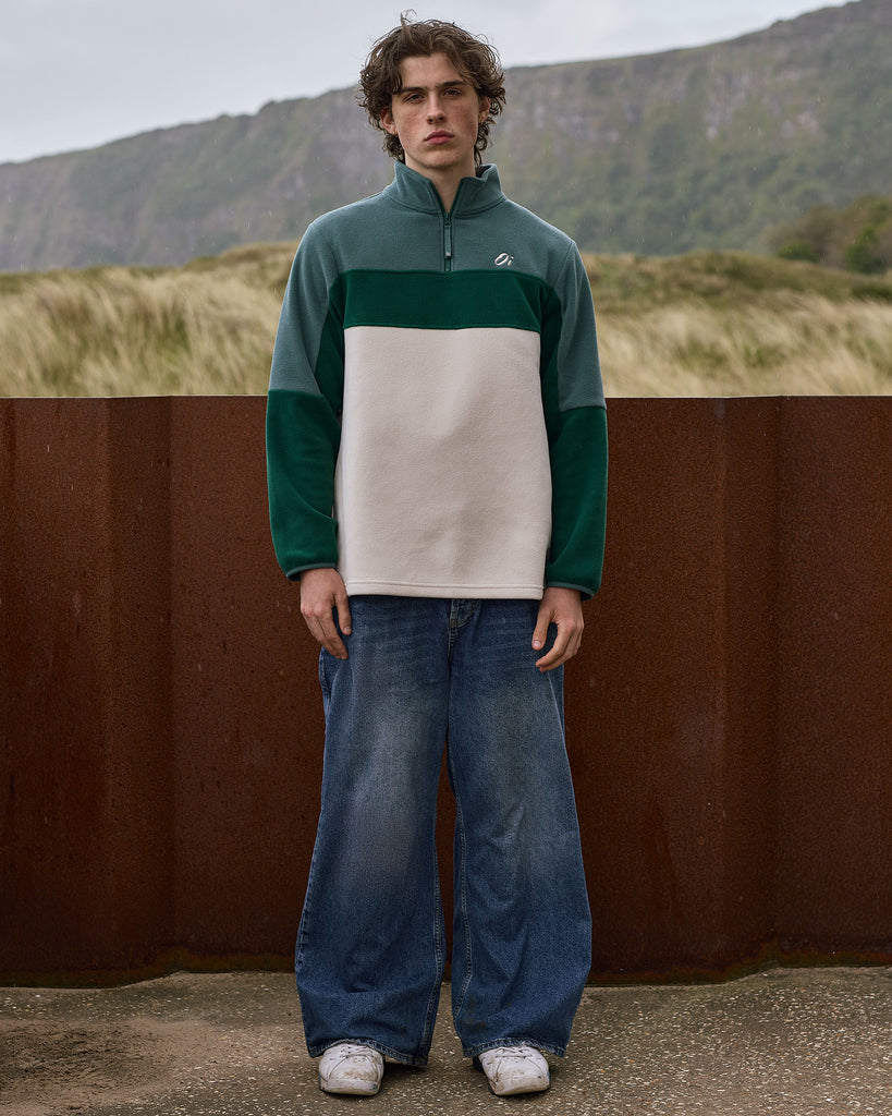 Oatmeal and Pine colour block microfleece with 1/4 zip