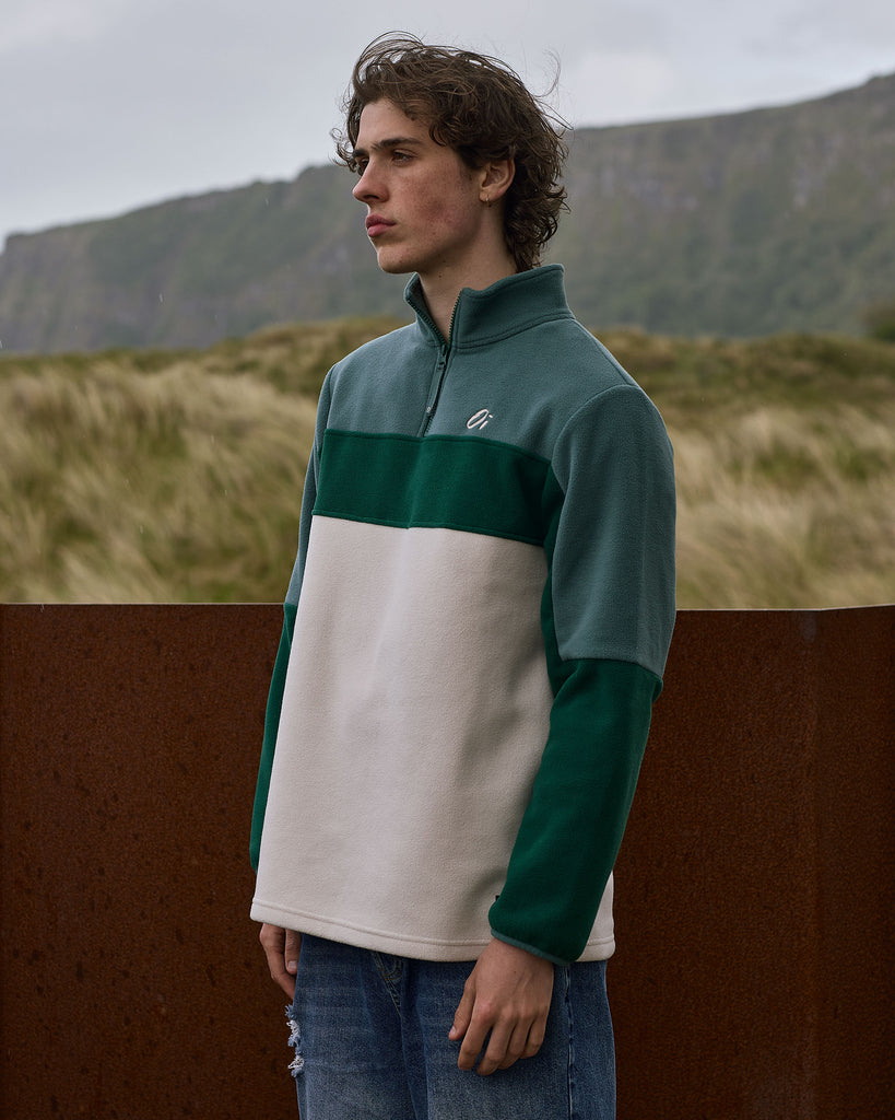 Oatmeal and Pine colour block microfleece with 1/4 zip