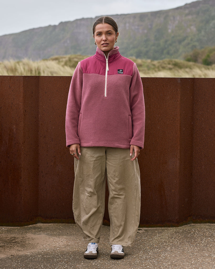 Roseberry borg fleece with 1/4 zip, nylon contrast, and side pockets