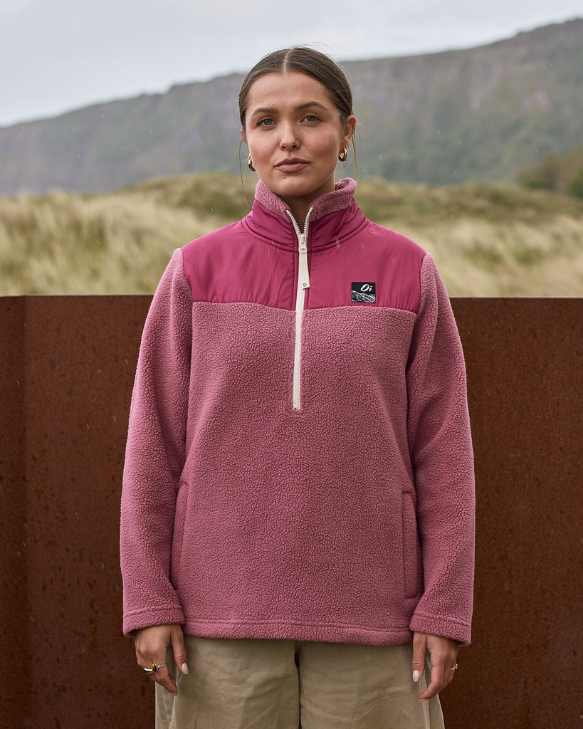 Roseberry borg fleece with 1/4 zip, nylon contrast, and side pockets