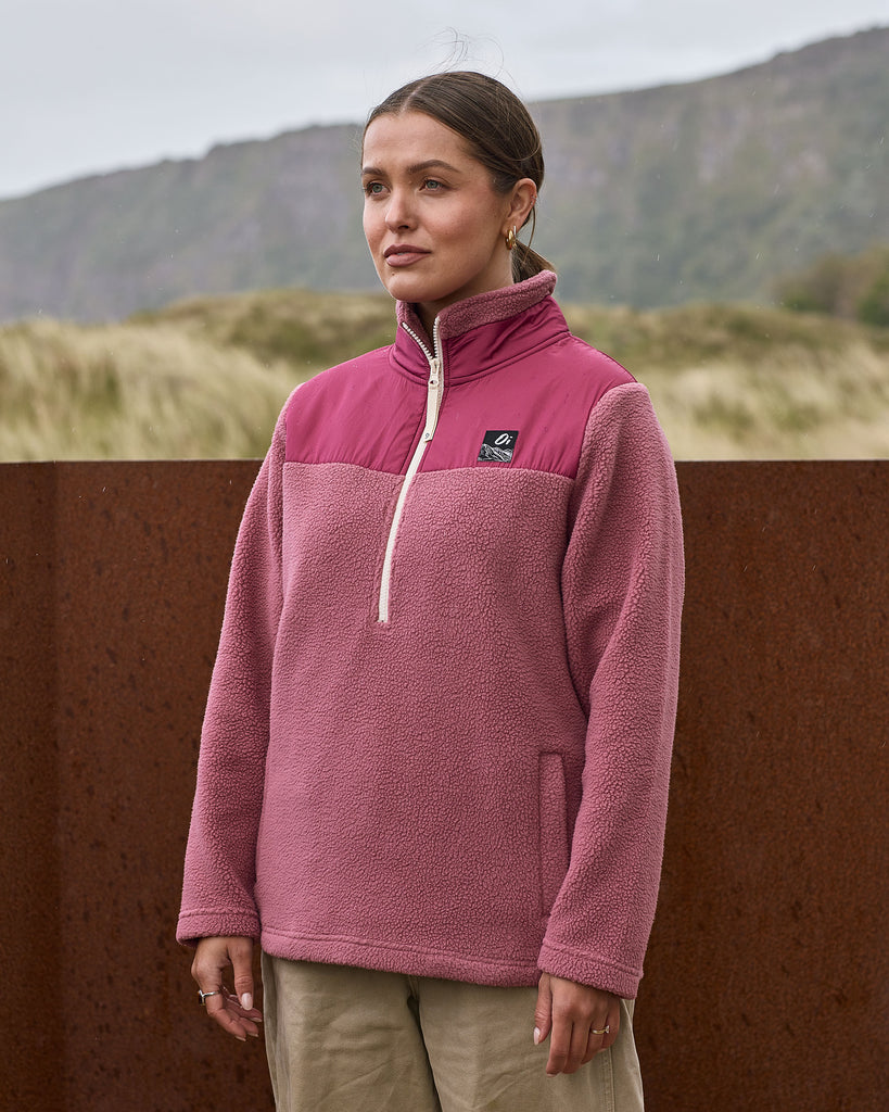 Roseberry borg fleece with 1/4 zip, nylon contrast, and side pockets