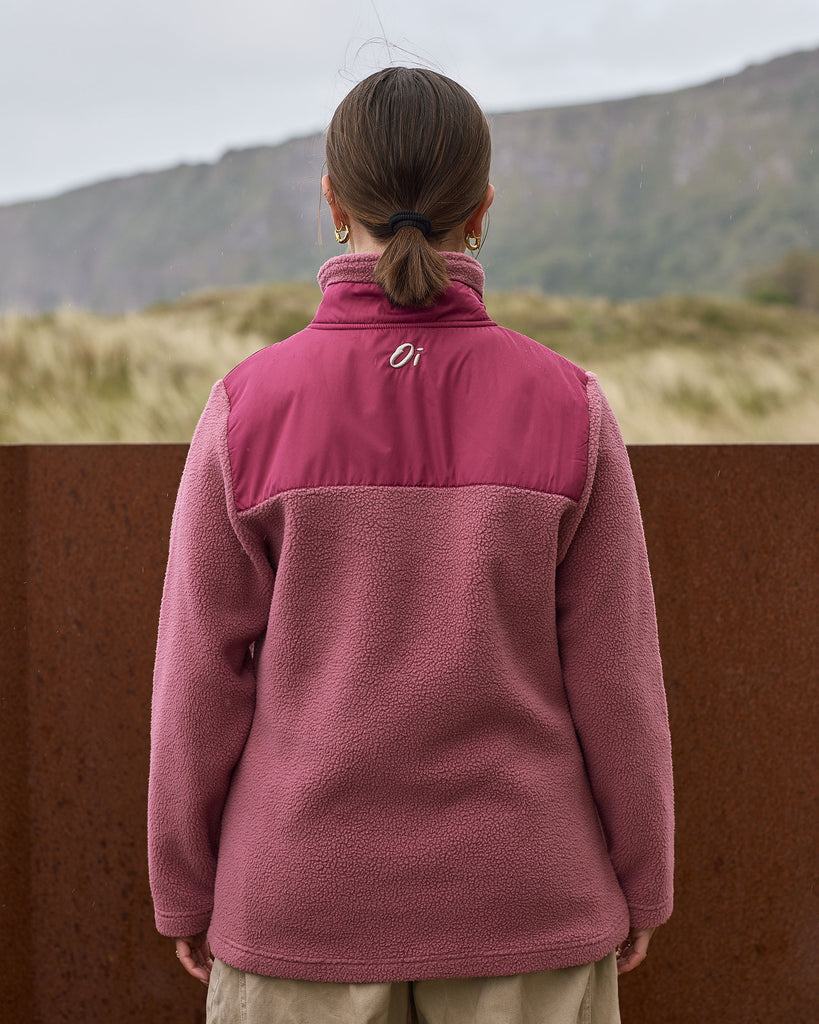Roseberry borg fleece with 1/4 zip, nylon contrast, and side pockets