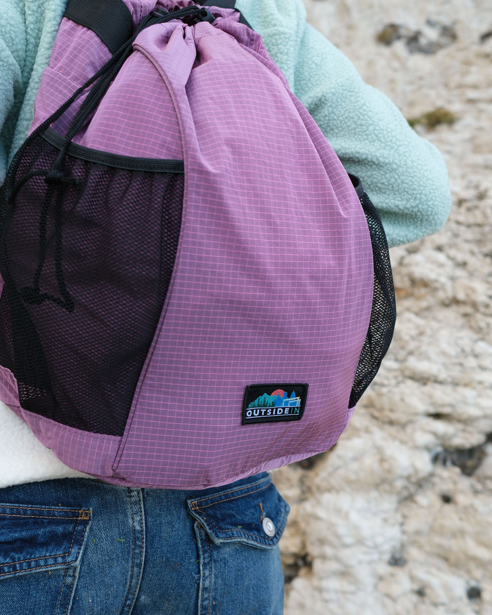Pink Drawstring Daypack OutsideIn