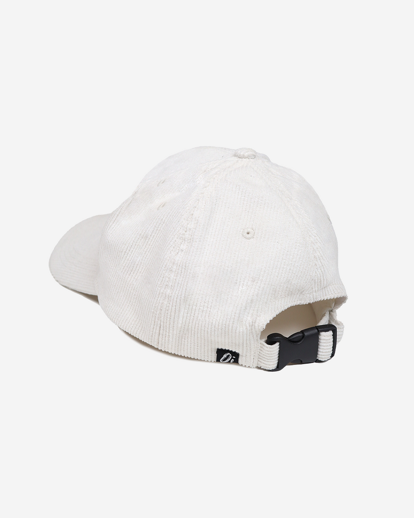 Cream corduroy cap with embroidered detail and adjustable strap